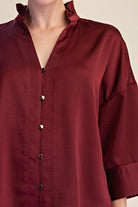 Glam Women's Burgundy V-neck Metal Button Down Shirt 