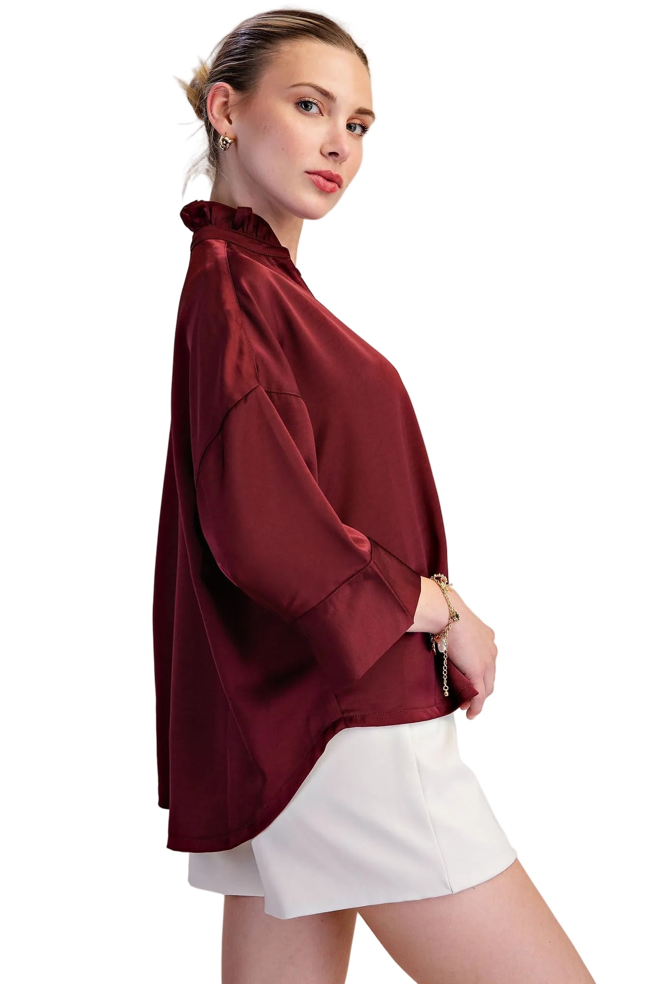 Glam Women's Burgundy V-neck Metal Button Down Shirt 