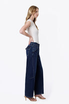 Flying Monkey Women's High Rise Back Flap Pocket Twist Seam Wide Barrel Jeans 