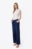 Flying Monkey Women's High Rise Back Flap Pocket Twist Seam Wide Barrel Jeans 