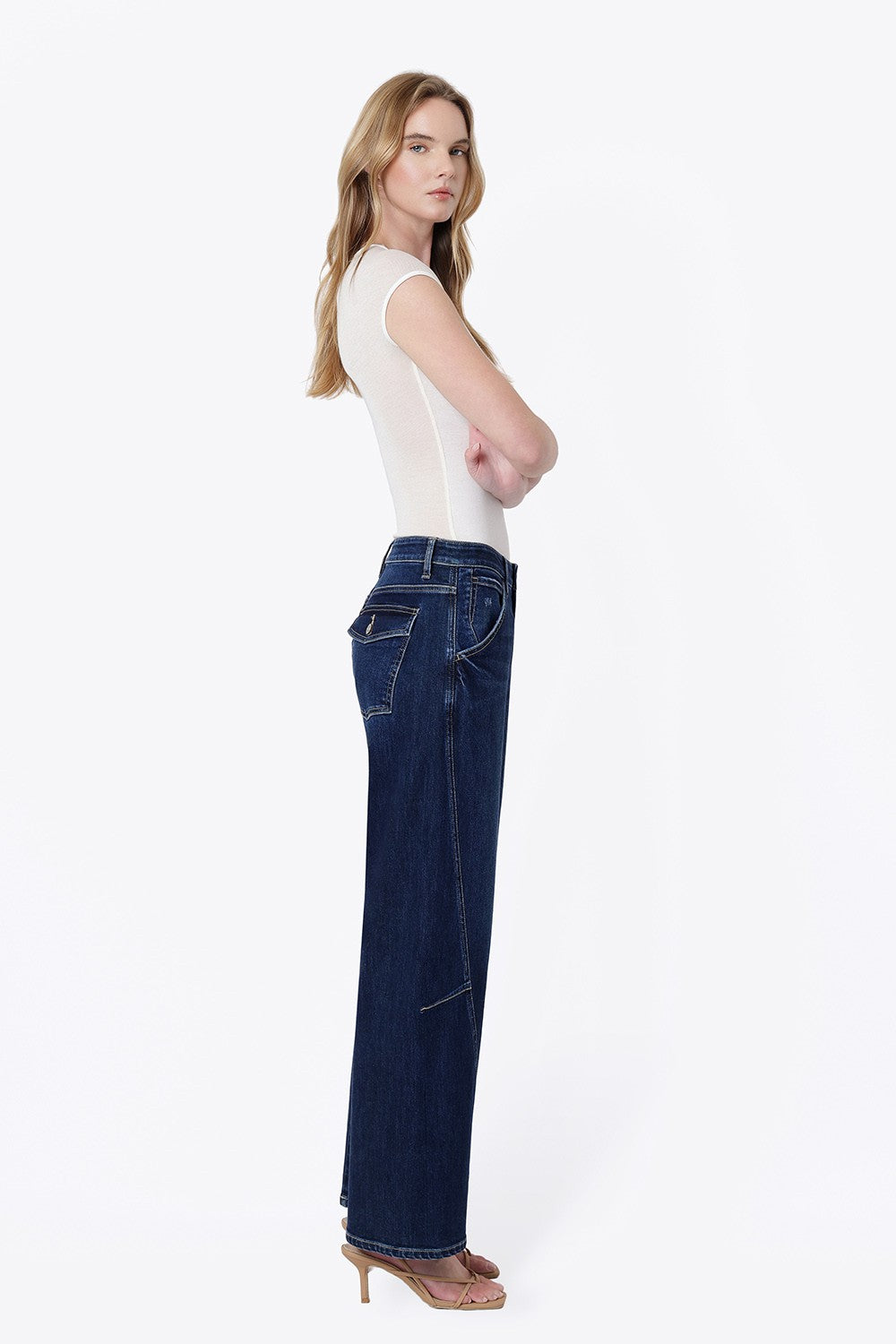 Flying Monkey Women's High Rise Back Flap Pocket Twist Seam Wide Barrel Jeans 