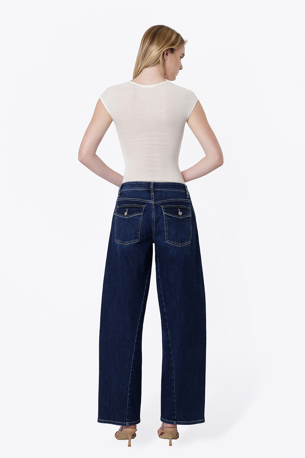 Flying Monkey Women's High Rise Back Flap Pocket Twist Seam Wide Barrel Jeans 