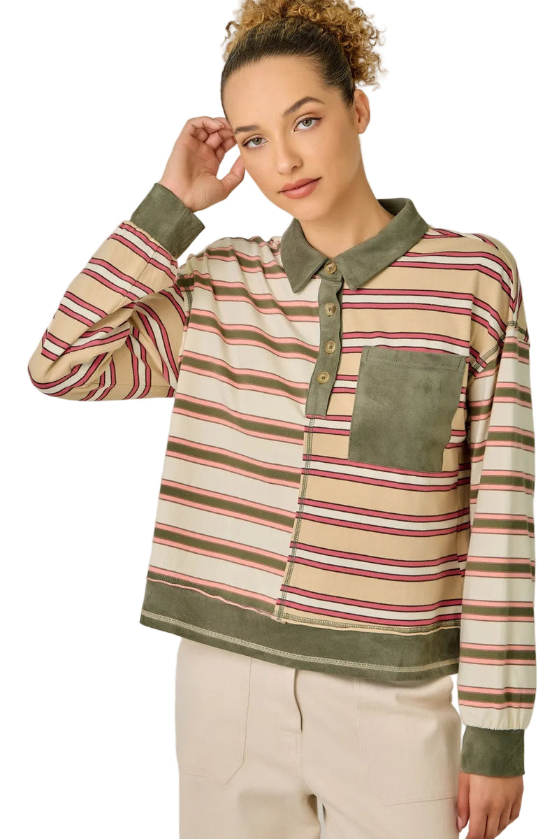 Mystree Women's Olive Combo Mixed Striped Suede Accent Polo Pullover 