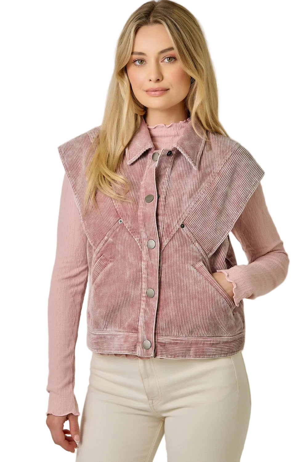 Mystree Women's Rose Oversized Washed Corduroy Vest