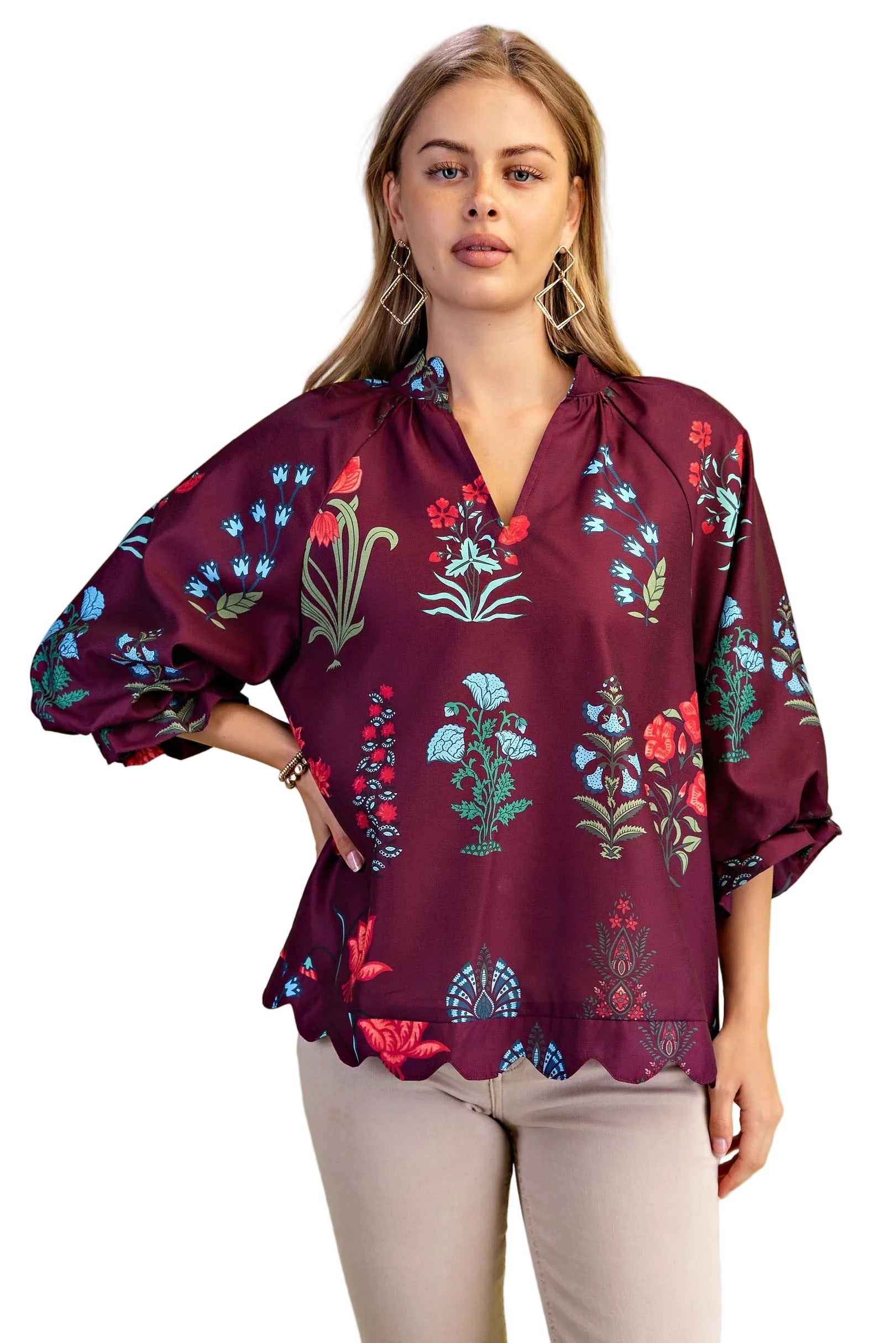 Gigio Women's Wine Mix Printed Scalloped Edged V-neck Blouse 