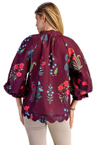 Gigio Women's Wine Mix Printed Scalloped Edged V-neck Blouse 