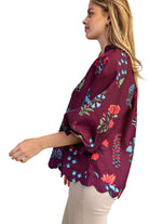 Gigio Women's Wine Mix Printed Scalloped Edged V-neck Blouse 