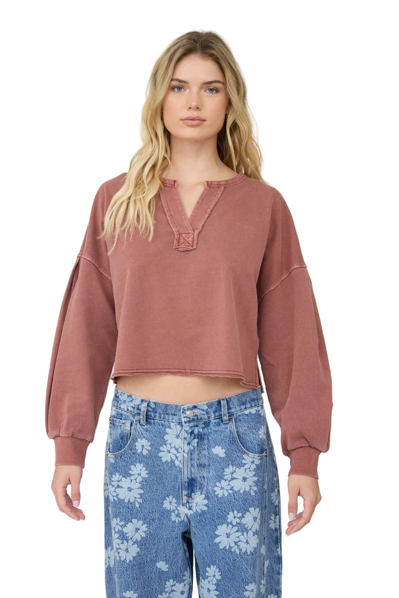Blu Pepper Women's Terracotta Notch Neck Boxy Long Sleeve Knit Crop Top 