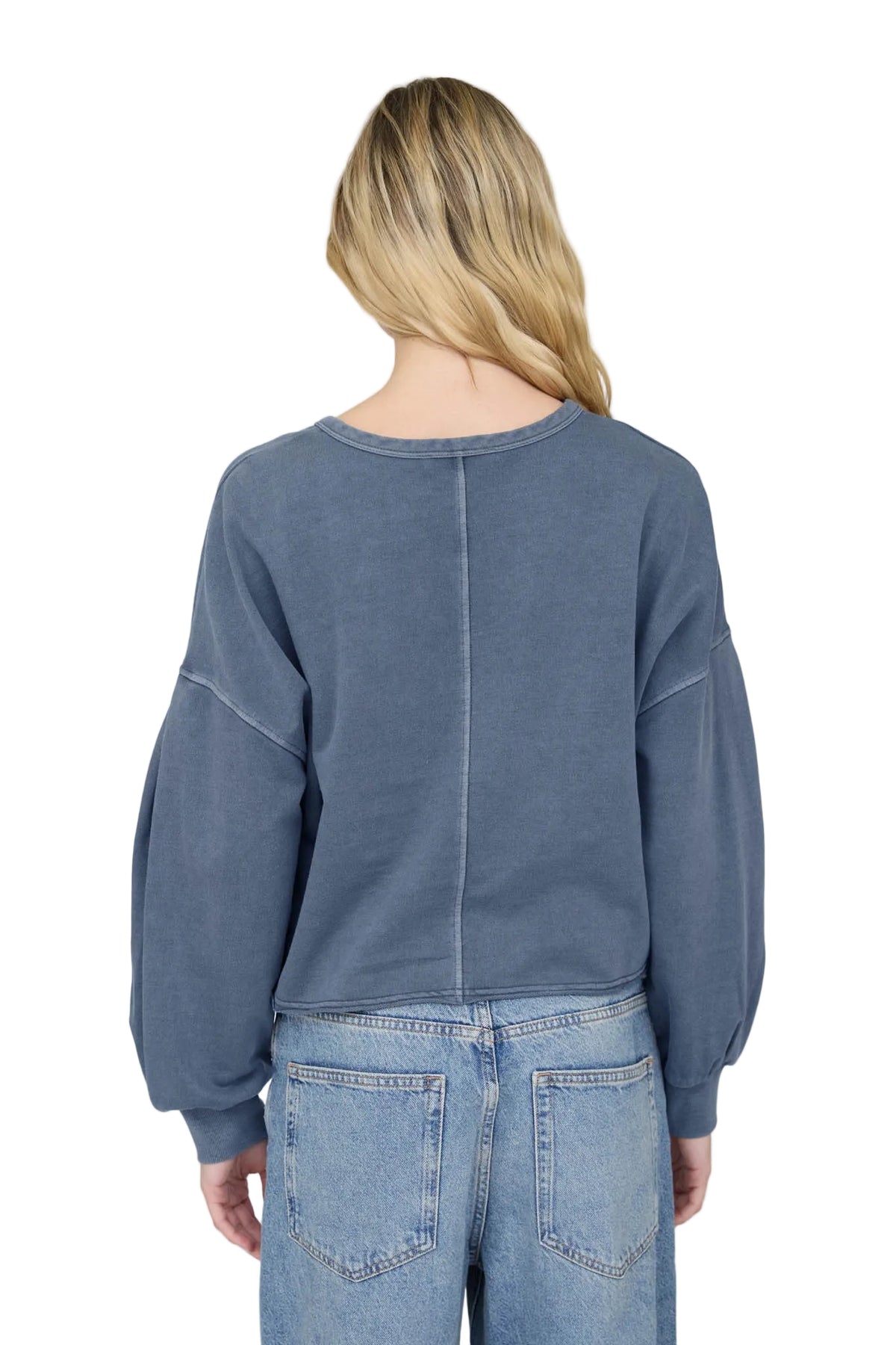 Blu Pepper Women's Ash Blue Notch Neck Boxy Long Sleeve Knit Crop Top 