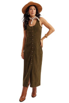 Women's Olive Button Down Corduroy Scoop Neck Maxi Dress