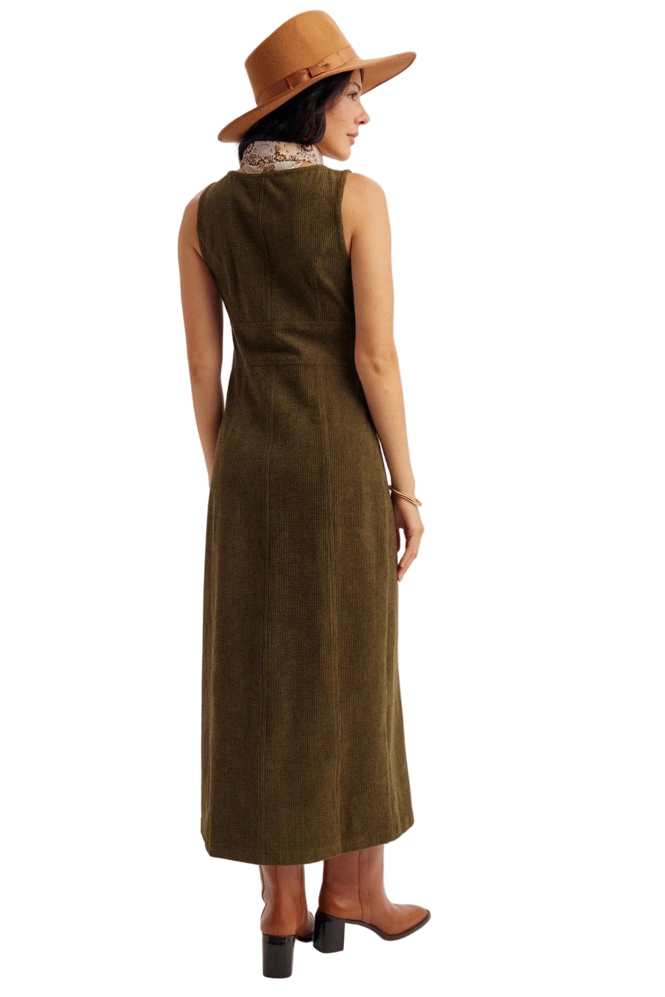 Women's Olive Button Down Corduroy Scoop Neck Maxi Dress