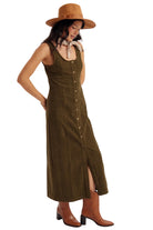 Women's Olive Button Down Corduroy Scoop Neck Maxi Dress