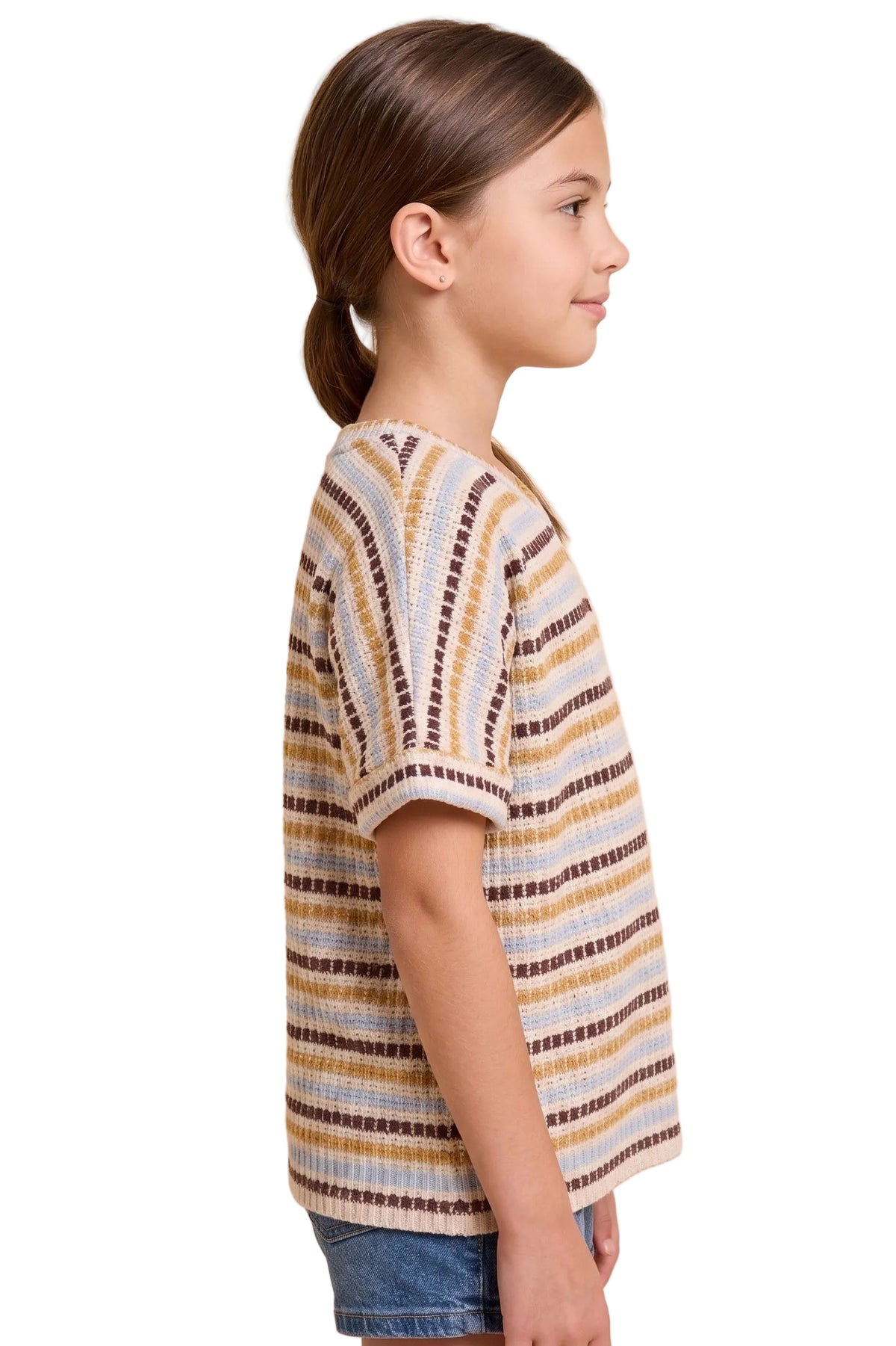 Hayden Girl's Brown Mix Ladder Stitch Striped V-neck T-shirt 