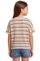 Hayden Girl's Brown Mix Ladder Stitch Striped V-neck T-shirt 
