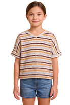 Hayden Girl's Brown Mix Ladder Stitch Striped V-neck T-shirt 