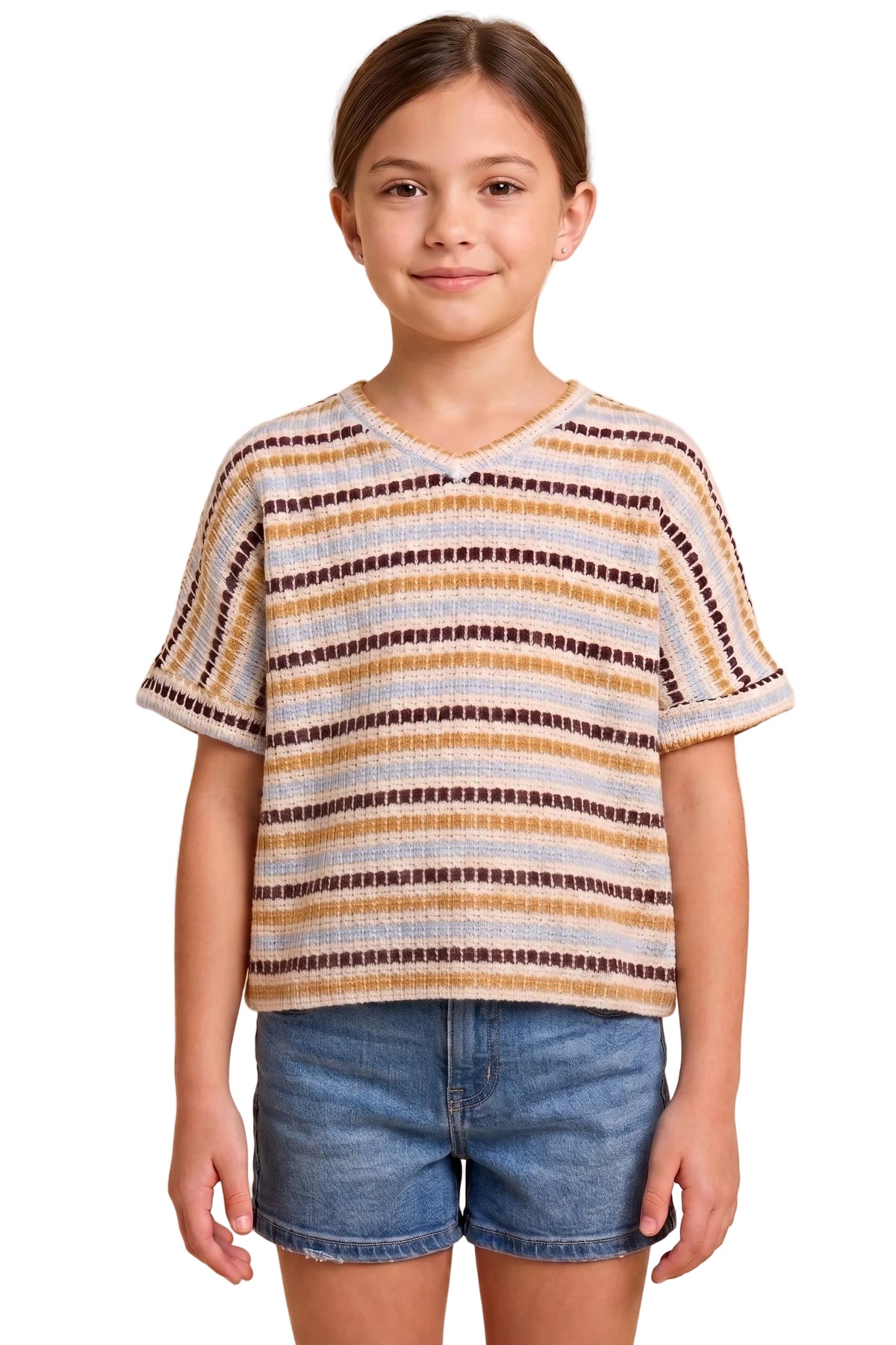 Hayden Girl's Brown Mix Ladder Stitch Striped V-neck T-shirt 