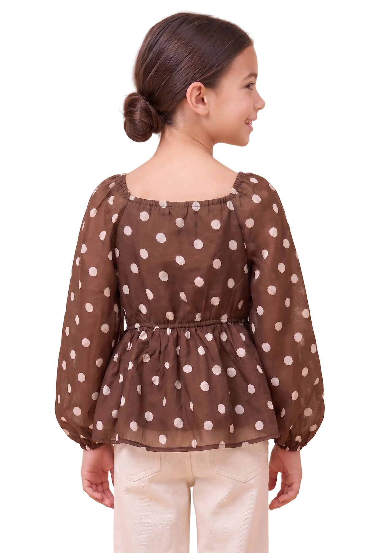 Hayden Girl's Brown Smocked Polka Dot Peplum Top 