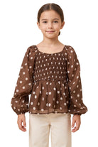 Hayden Girl's Brown Smocked Polka Dot Peplum Top 