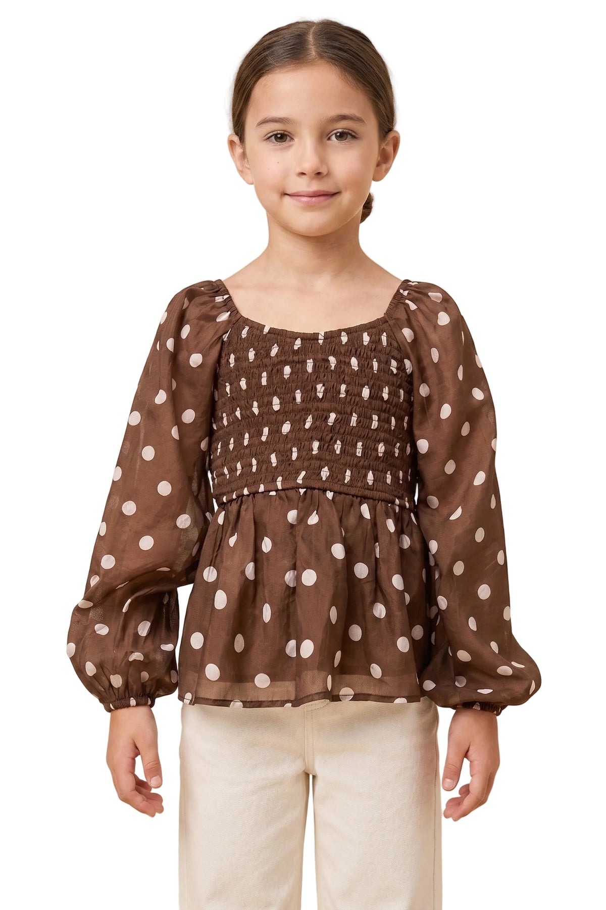 Hayden Girl's Brown Smocked Polka Dot Peplum Top 