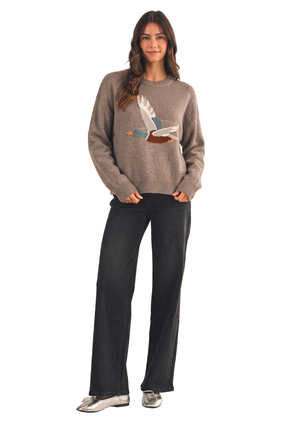 Anniewear Women's Mocha Mallard Jacquard Loose Fit Sweater 