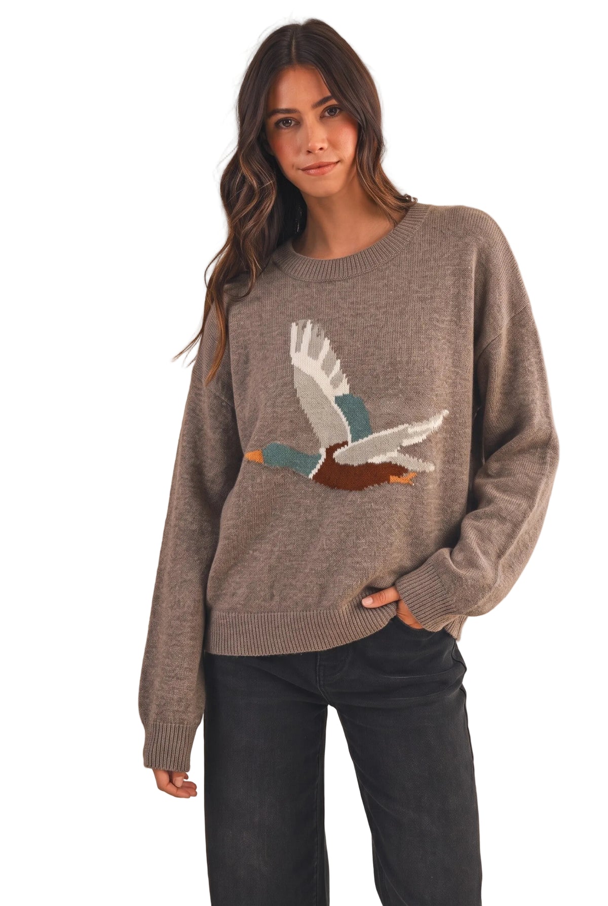 Anniewear Women's Mocha Mallard Jacquard Loose Fit Sweater 