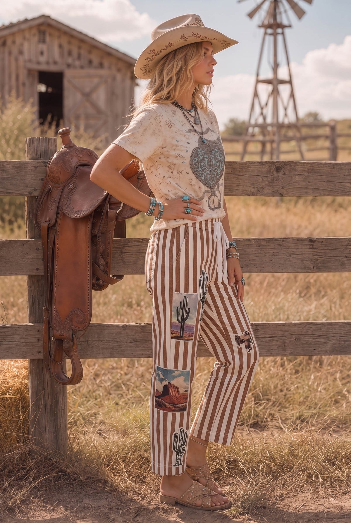 Bona Brand Women's Western Patch Print Striped Pants 