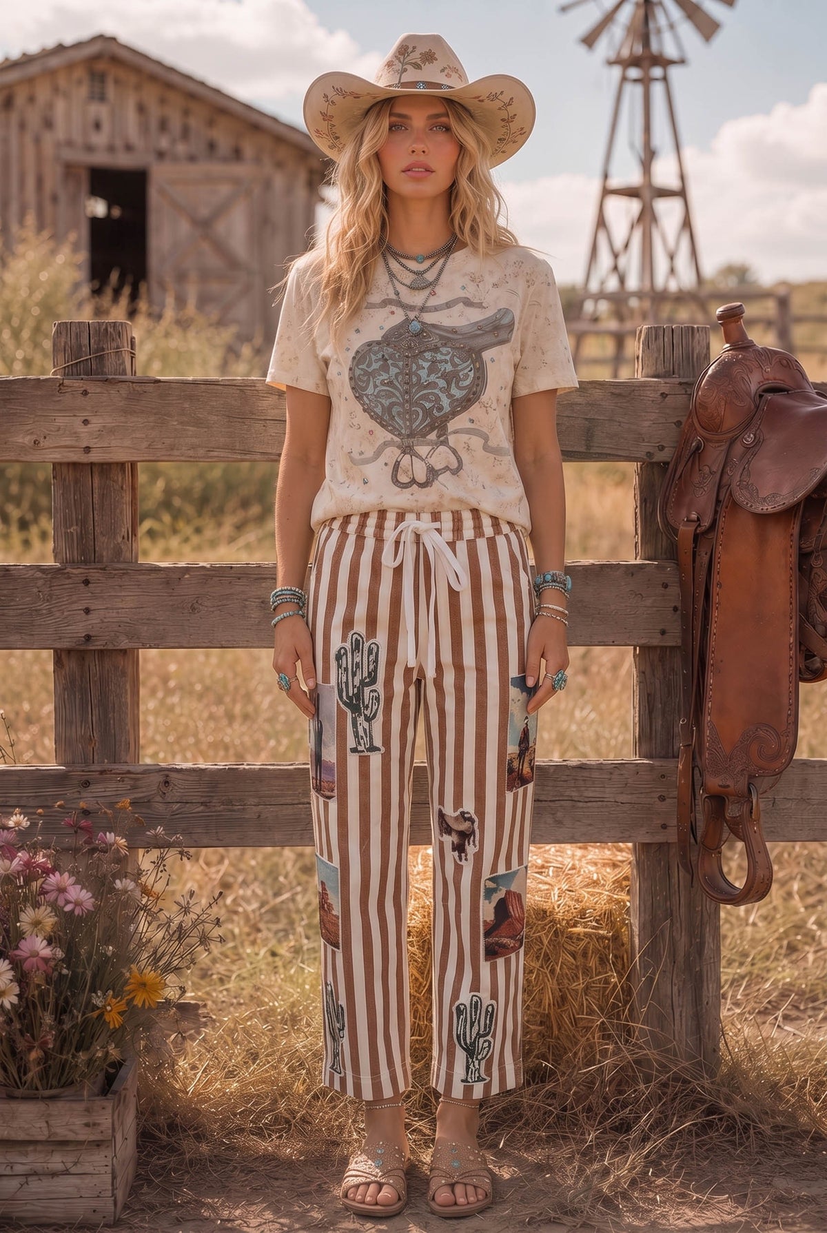 Bona Brand Women's Western Patch Print Striped Pants 
