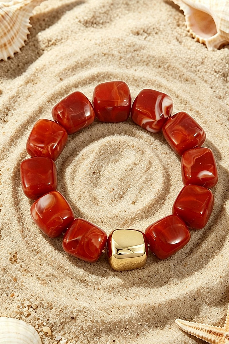 Women's Dark Orange Boho Resin Geometric Bead Stretch Bracelet