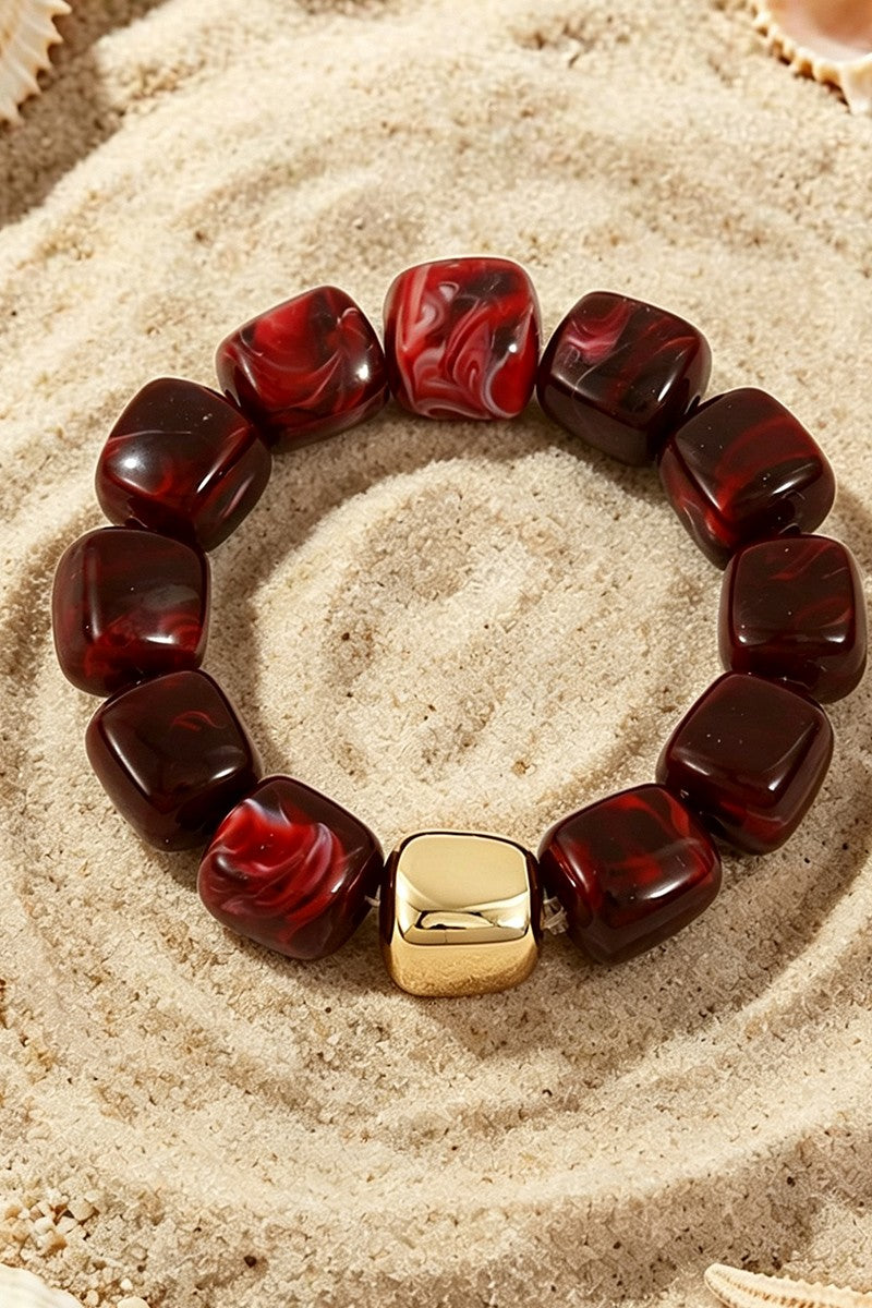 Women's Wine Boho Resin Geometric Bead Stretch Bracelet 