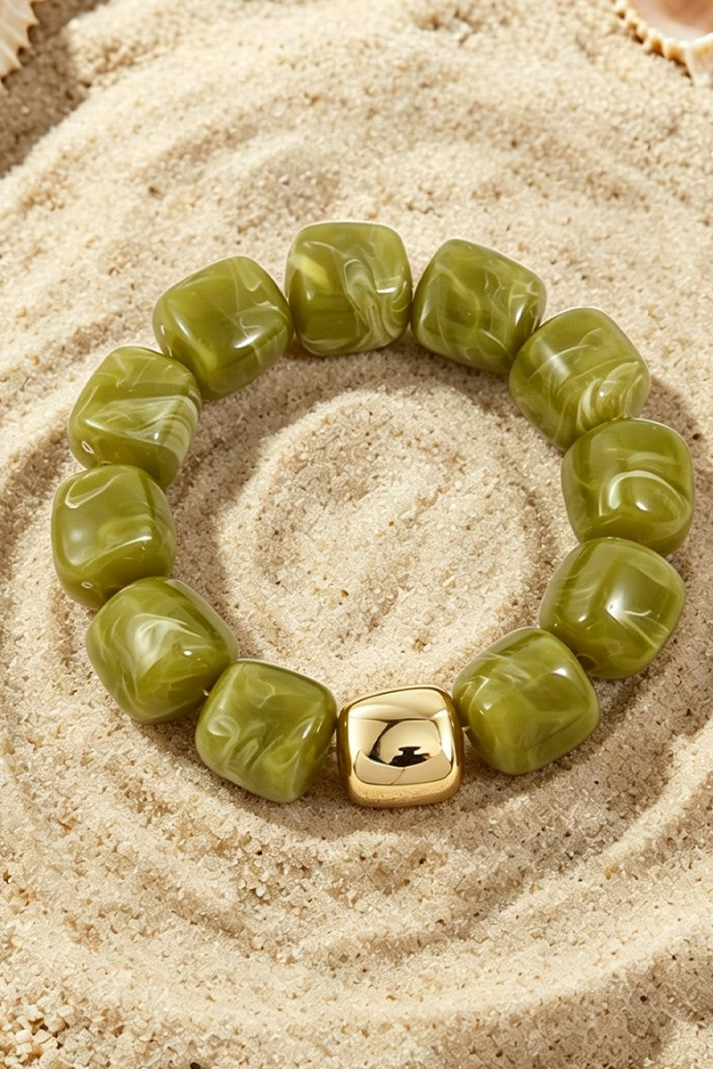 Women's Green Boho Resin Geometric Bead Stretch Bracelet 