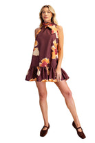 Glam Women's Brick Floral Print Mini Dress Adjustable Tie Neck 