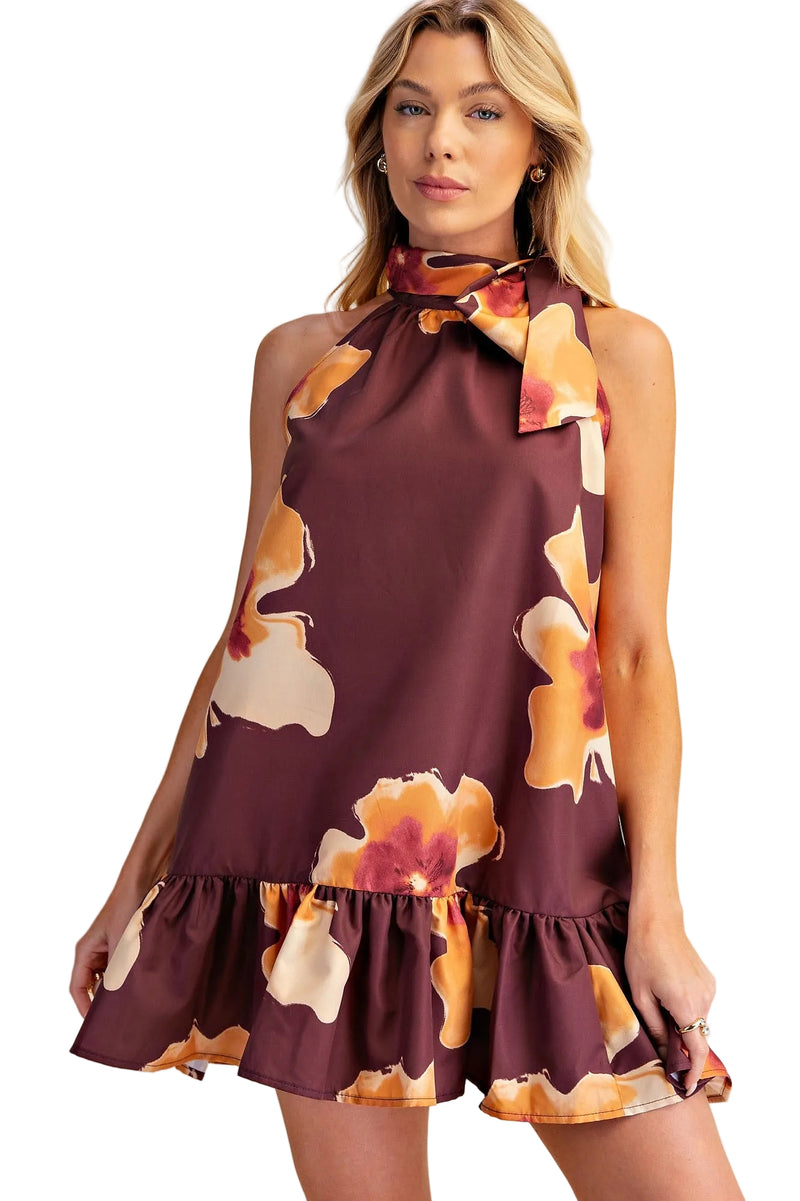 Glam Women's Brick Floral Print Mini Dress Adjustable Tie Neck 