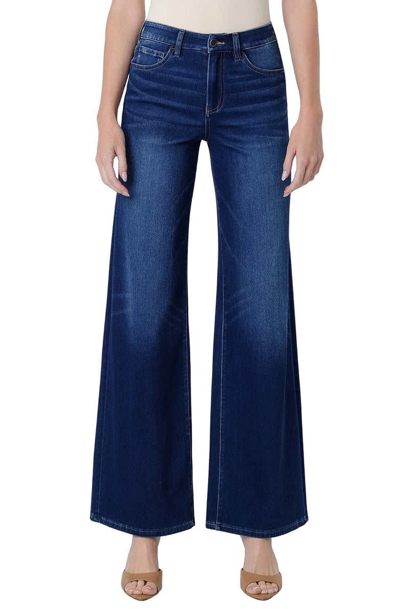Flying Monkey Women's High Rise Full Length Dark Wash Knit Wide Jeans 