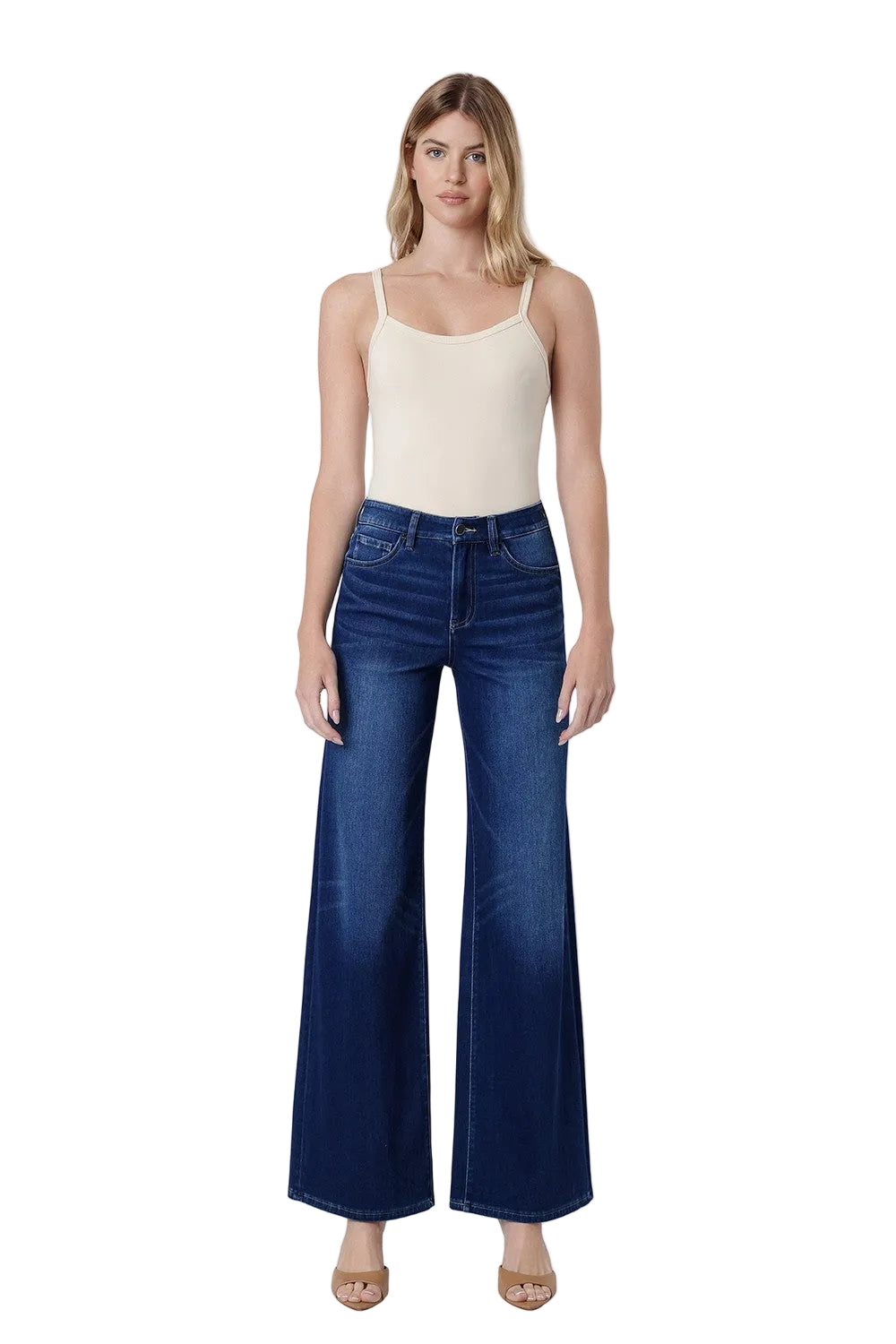 Flying Monkey Women's High Rise Full Length Dark Wash Knit Wide Jeans 