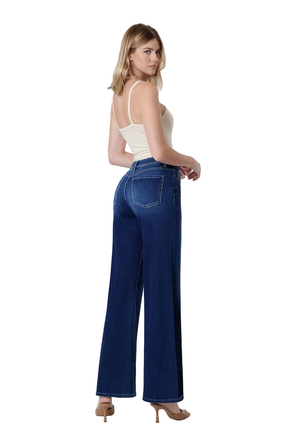 Flying Monkey Women's High Rise Full Length Dark Wash Knit Wide Jeans 