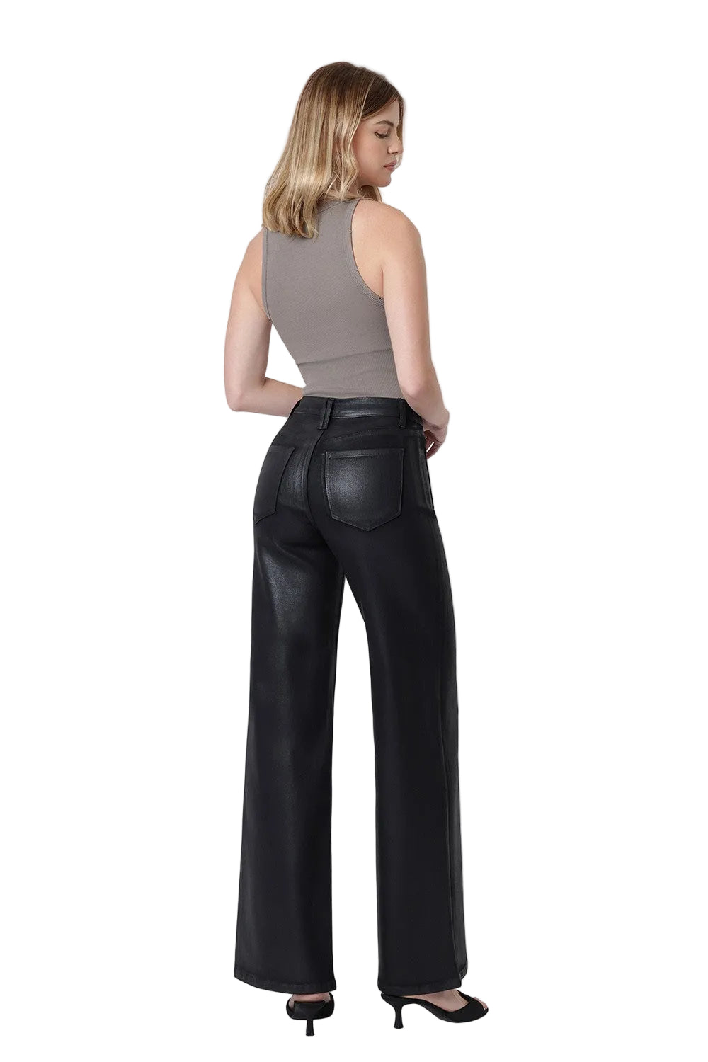 Vervet Women's High Rise Patch Pocket Black Coated Wide Leg Jeans