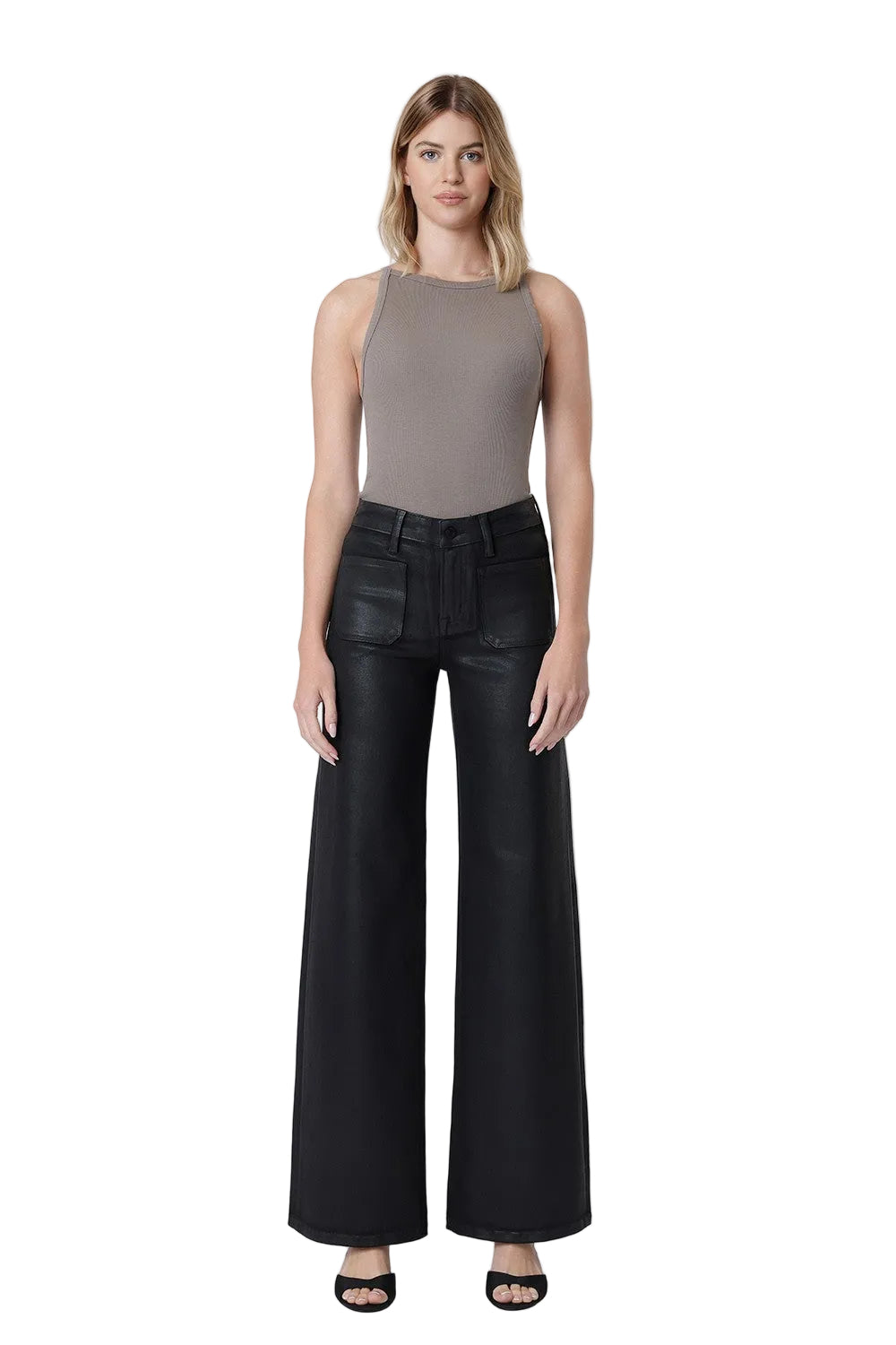 Vervet Women's High Rise Patch Pocket Black Coated Wide Leg Jeans