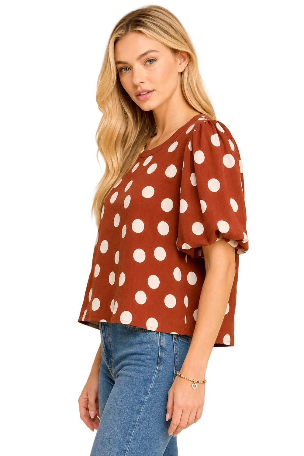 Les Amis Brown/Off White Classic Polka Dot Puff Sleeve Woven Blouse 