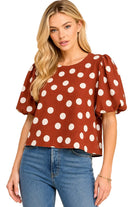 Les Amis Brown/Off White Classic Polka Dot Puff Sleeve Woven Blouse 