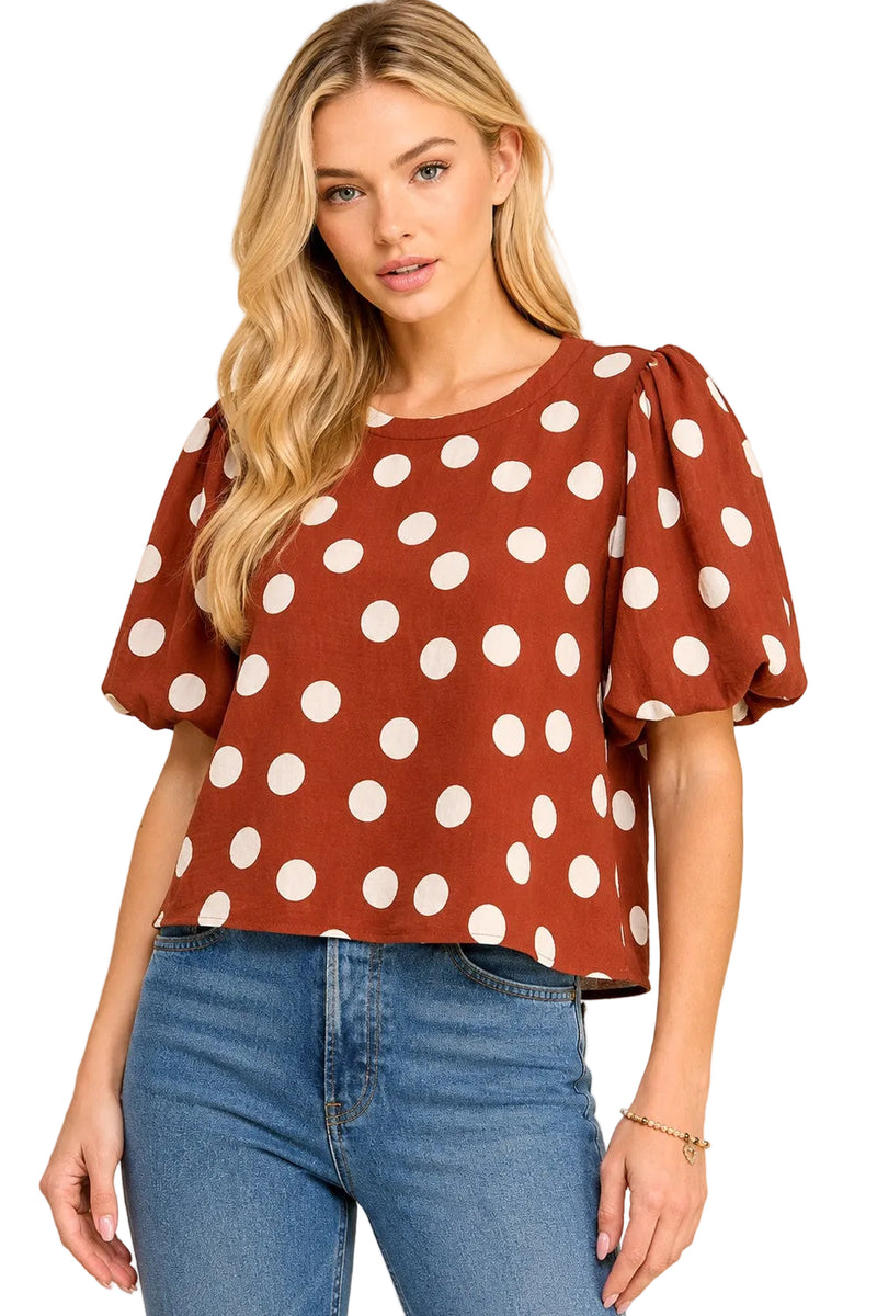 Les Amis Brown/Off White Classic Polka Dot Puff Sleeve Woven Blouse 