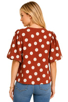Les Amis Brown/Off White Classic Polka Dot Puff Sleeve Woven Blouse 