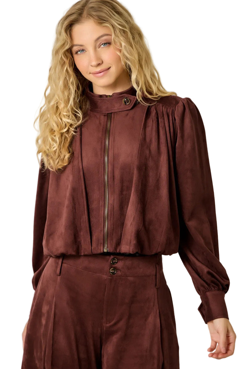Mystree Women's Burgundy Suede Gathered Blouson Jacket 