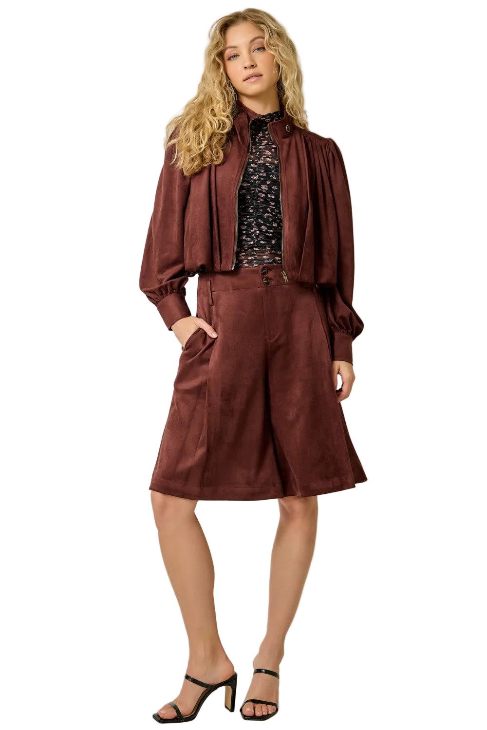 Mystree Women's Burgundy Suede Gathered Blouson Jacket 