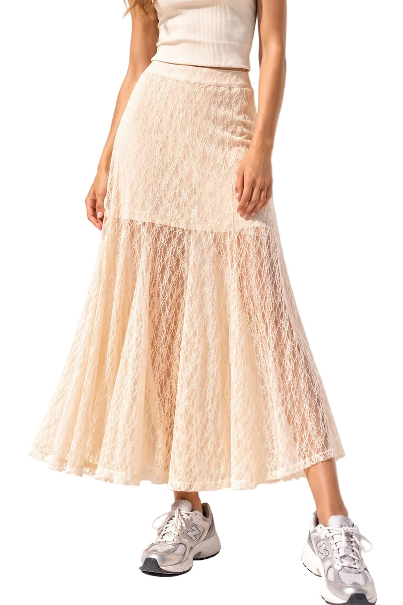 Very J Women's Sheer Lace Crinkle Maxi Skirt with Elastic Waistband