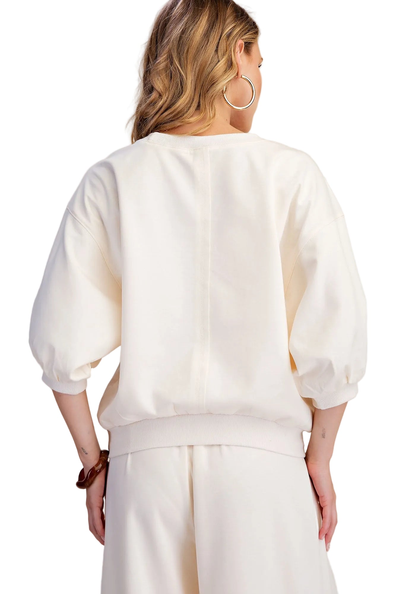 Glam Women's Ivory Pullover Sweatshirt with Bubble Sleeve 