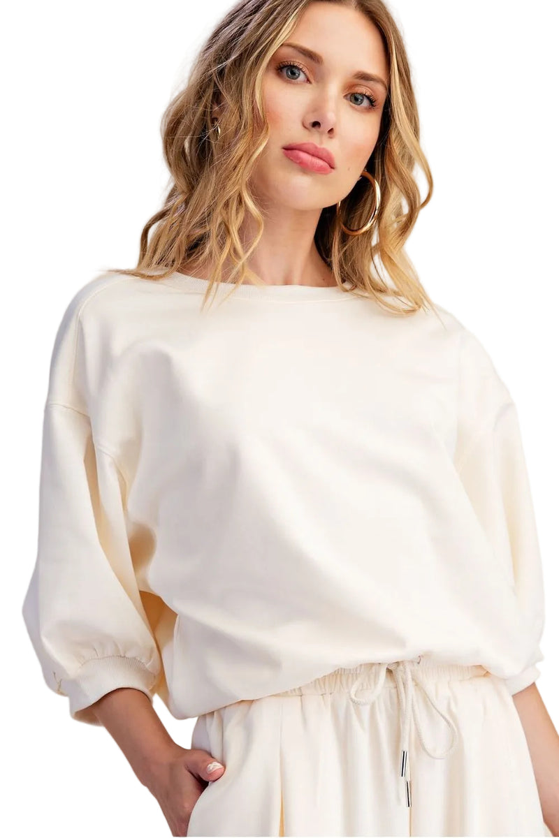 Glam Women's Ivory Pullover Sweatshirt with Bubble Sleeve 