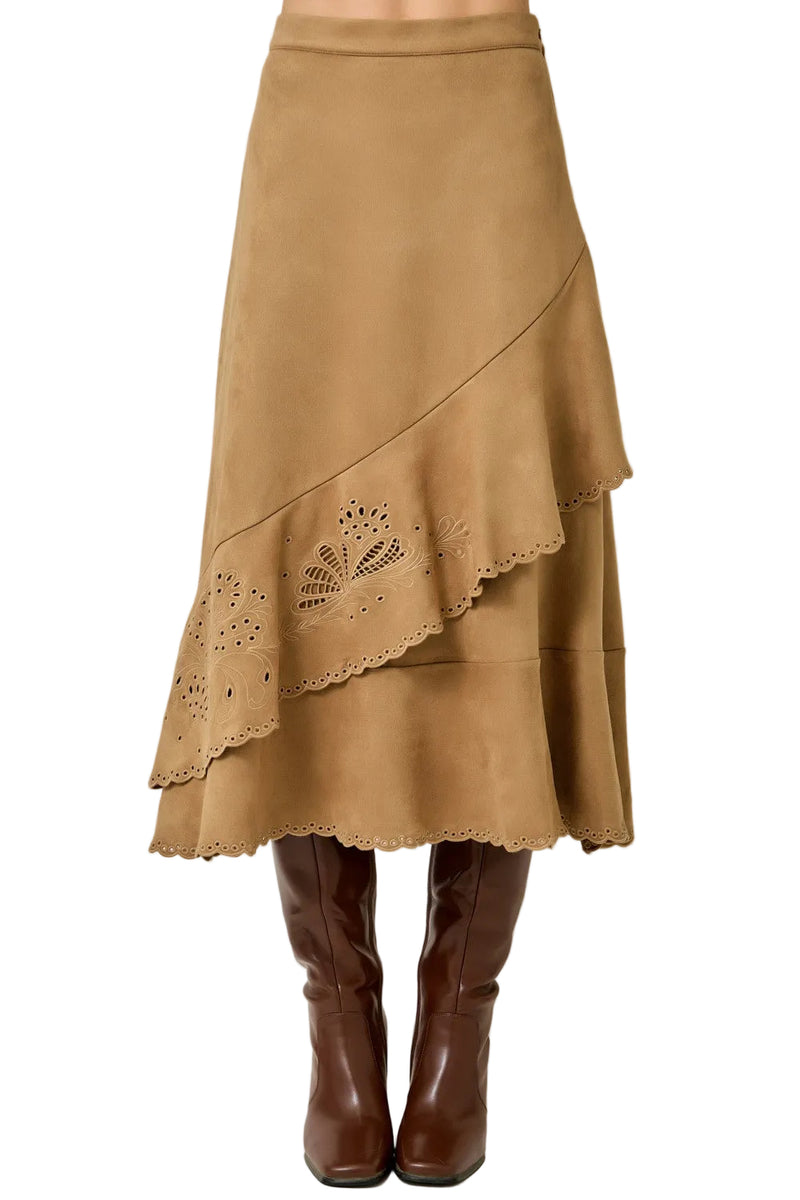 Mystree Women's Camel Suede Embroidered Ruffle Midi Skirt 