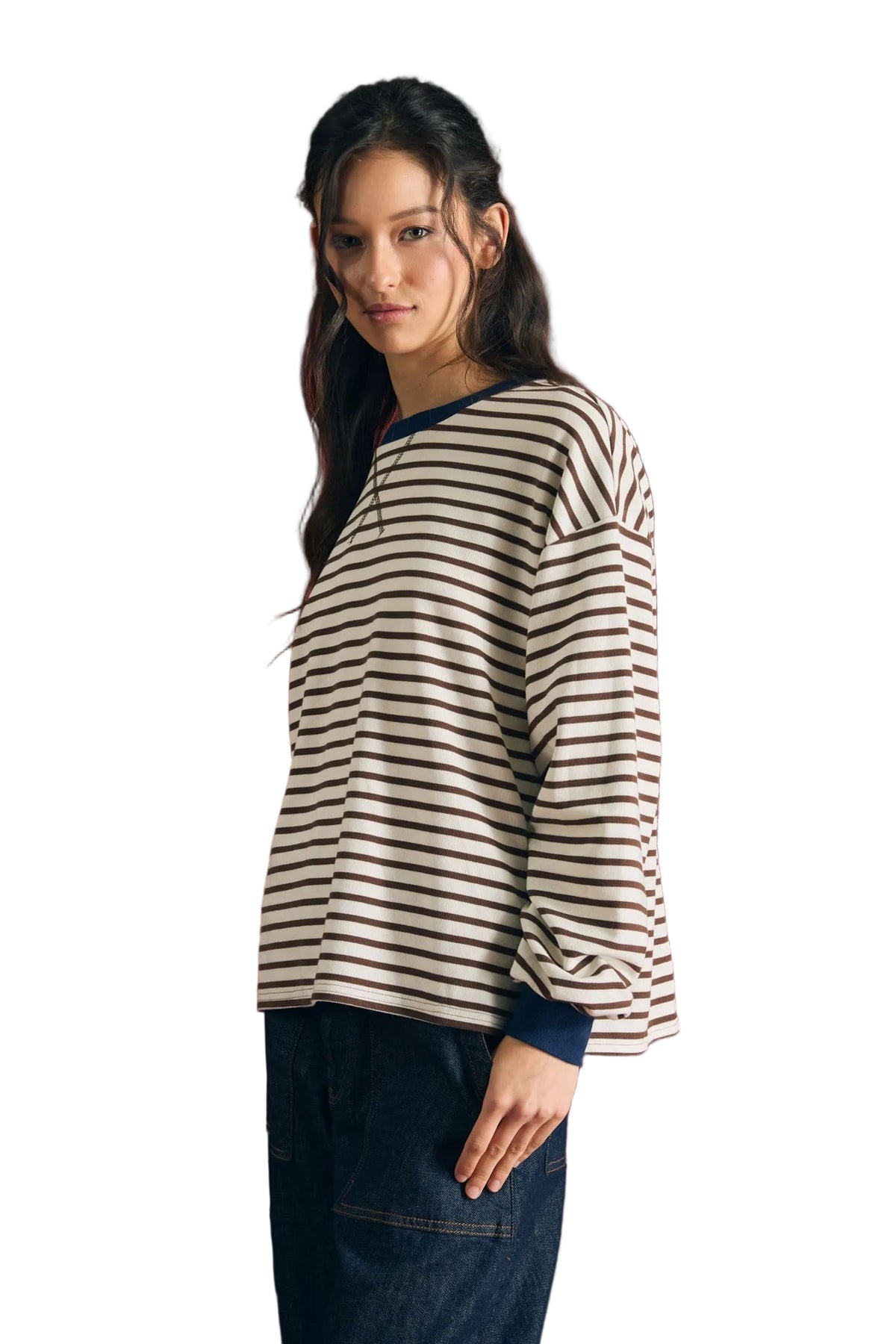 Blu Pepper Women's Brown Striped Crew Neck V-stitch Long Sleeve Knit Top 