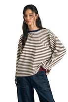 Blu Pepper Women's Brown Striped Crew Neck V-stitch Long Sleeve Knit Top 