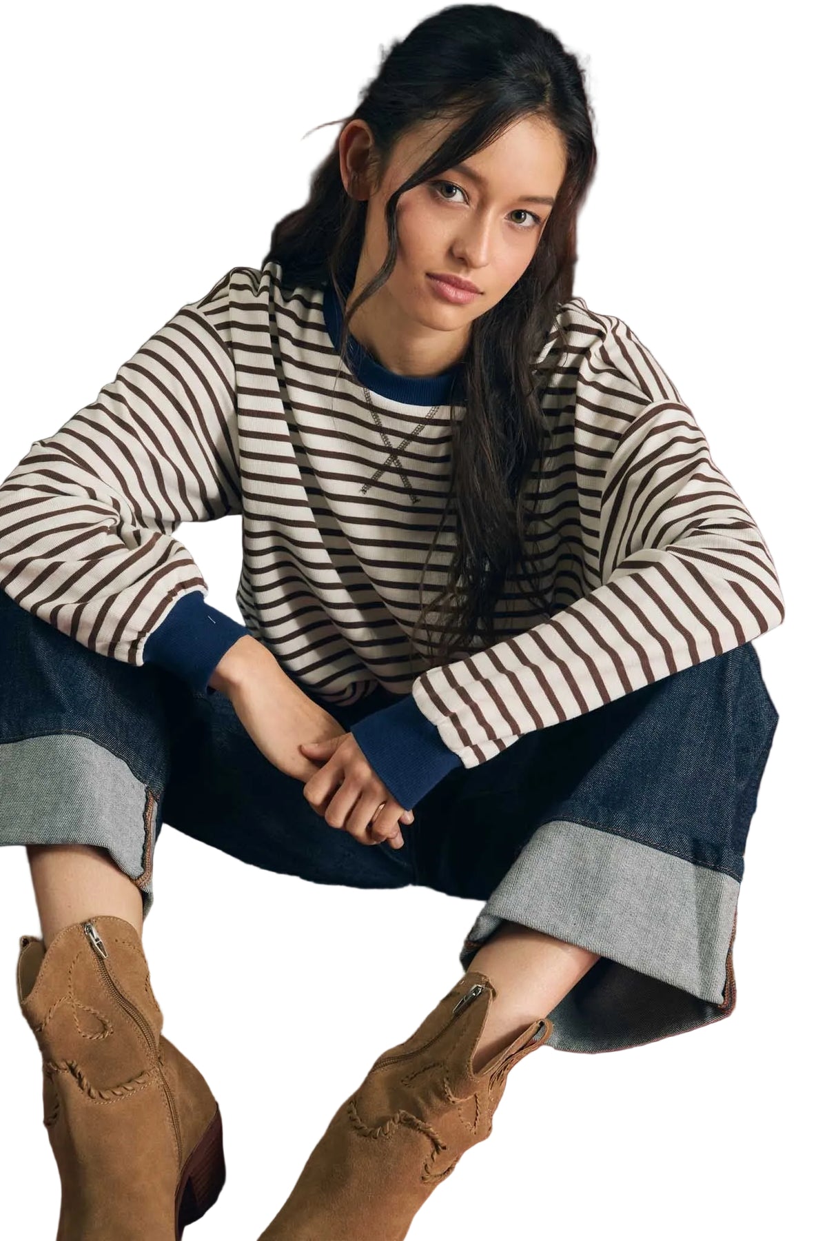Blu Pepper Women's Brown Striped Crew Neck V-stitch Long Sleeve Knit Top 